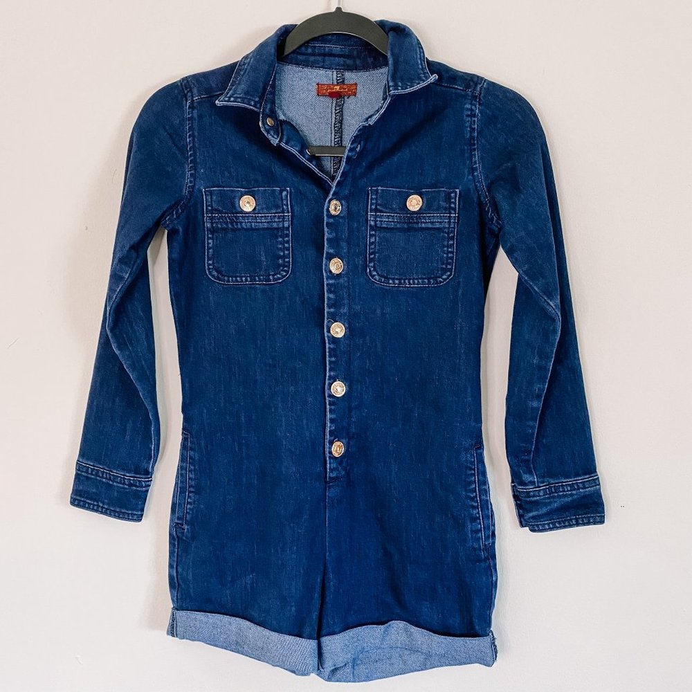 7 for all mankind Girls Size M Denim Romper with Gold Buttons and long sleeves